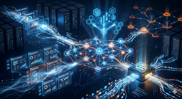 Abstract diagram of an AI content generation pipeline: data streams flowing from Vertex AI nodes into WordPress content blocks, with multilingual infographic panels and Cloudflare edge cache nodes on a dark navy background