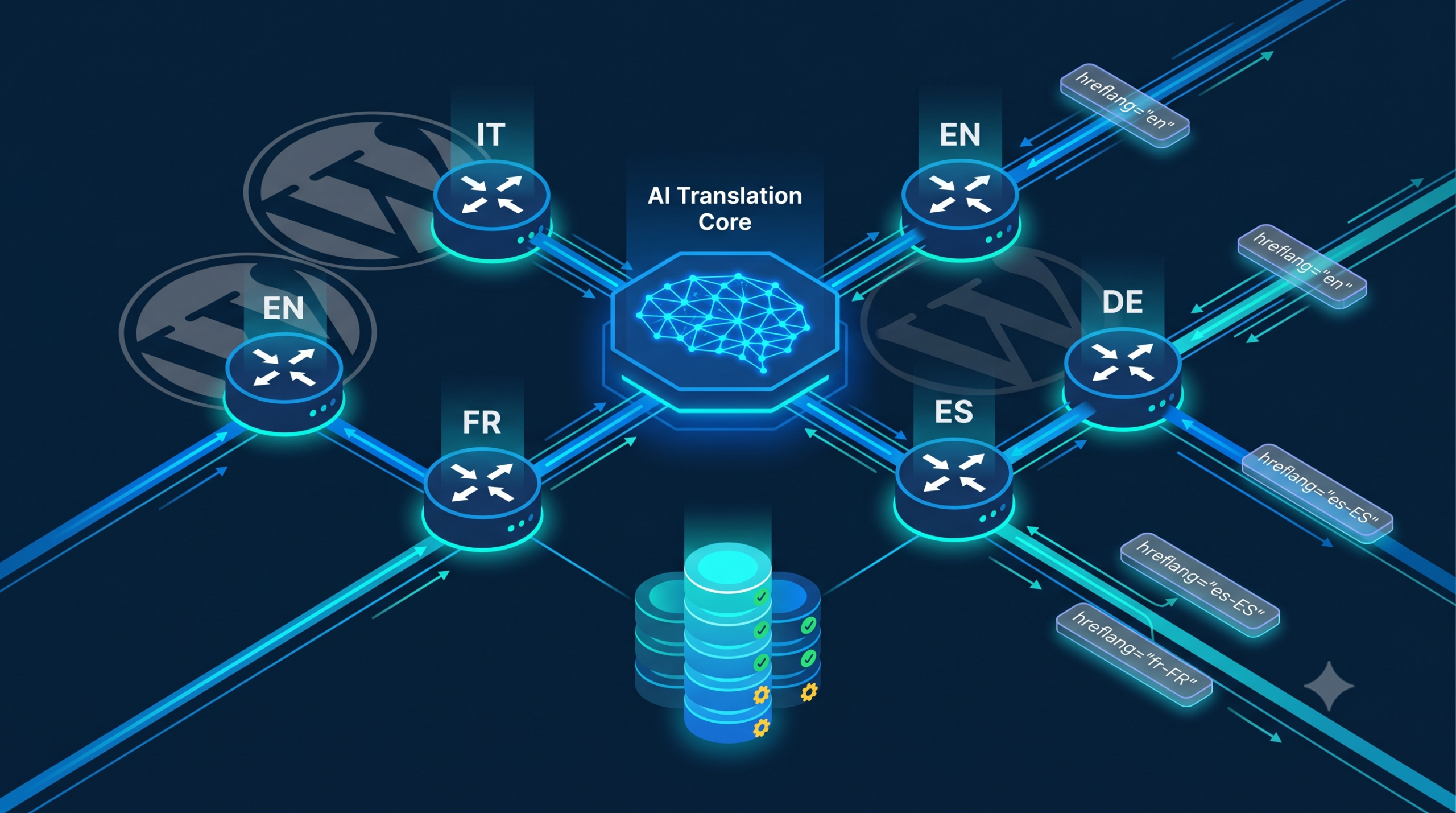 Architecture diagram of a WordPress multilingual plugin showing AI-powered translation routing across language nodes (IT, EN, FR, DE) with an async job queue and hreflang SEO layer